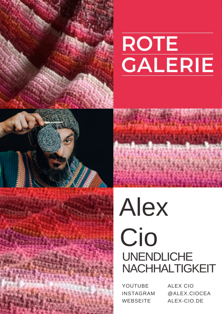 Ein Flyer zur Ausstellung von Alex Cio in der Roten Galerie mit dem Titel "Unendliche Nachhaltigkeit"